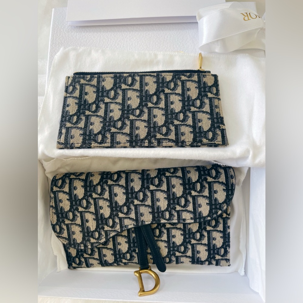 Dior Long Saddle Wallet on Chain with Pouch Blue Dior Oblique Jacquard